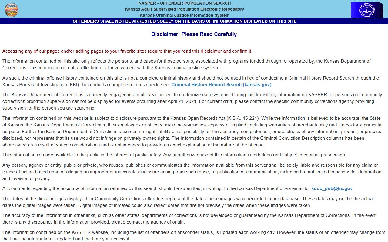 Cheyenne County inmate records and Kansas DOC KASPER offender search disclaimer