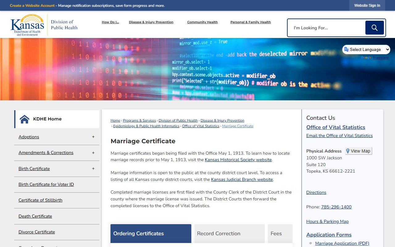 Cheyenne County marriage and divorce records KDHE marriage certificate ordering