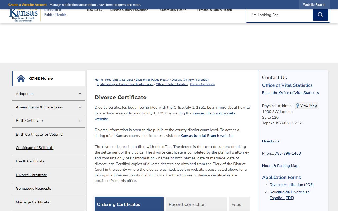 Cheyenne County marriage and divorce records KDHE divorce certificate page